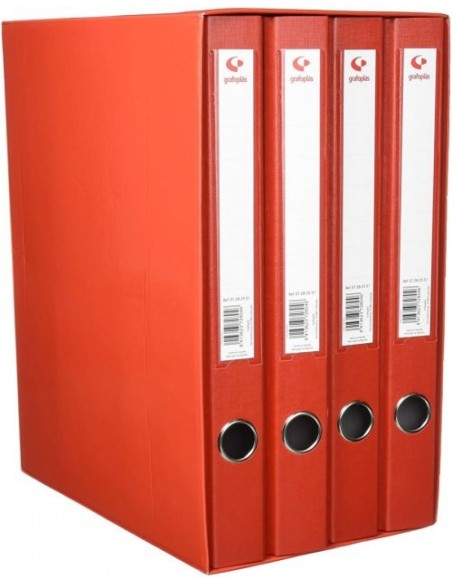 Modulo 4 archivadores fº 2 anillas 25mm carton forrado en pp grafcolor rojo